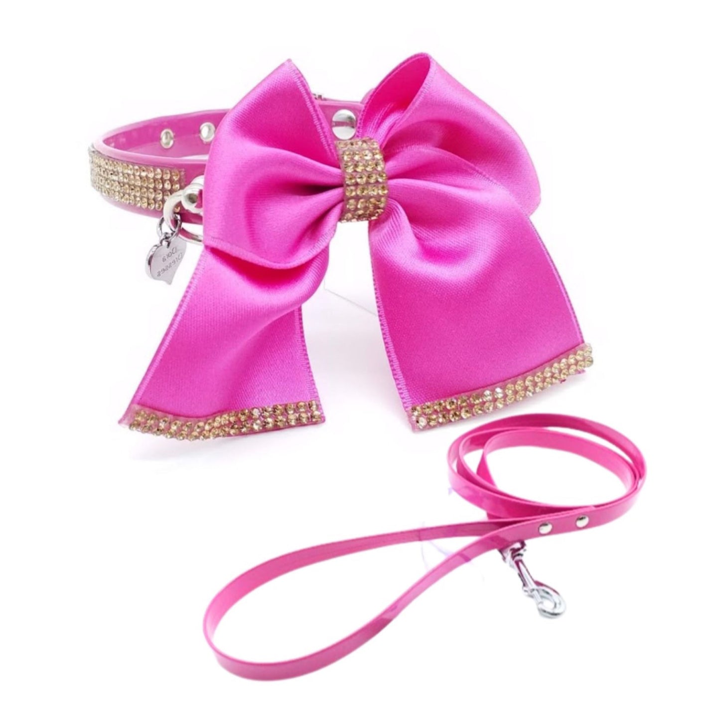 Eco-Leather Collar and Leash Set with Bow and Crystals