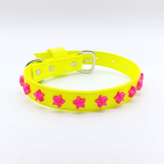 Neon Eco-Leather Collar and Leash Set with Stars