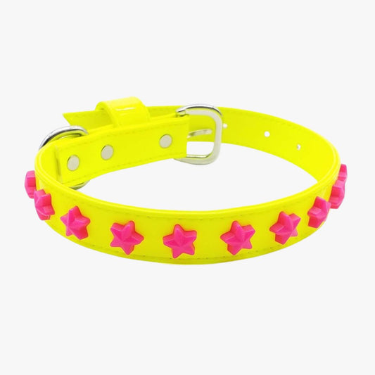 Set Collare e Guinzaglio in Ecopelle Fluo con Stelle
