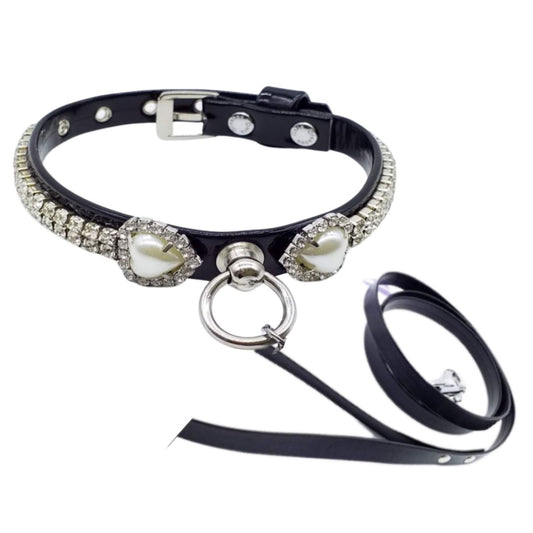 Set Collare e Guinzaglio in Ecopelle con Cristalli