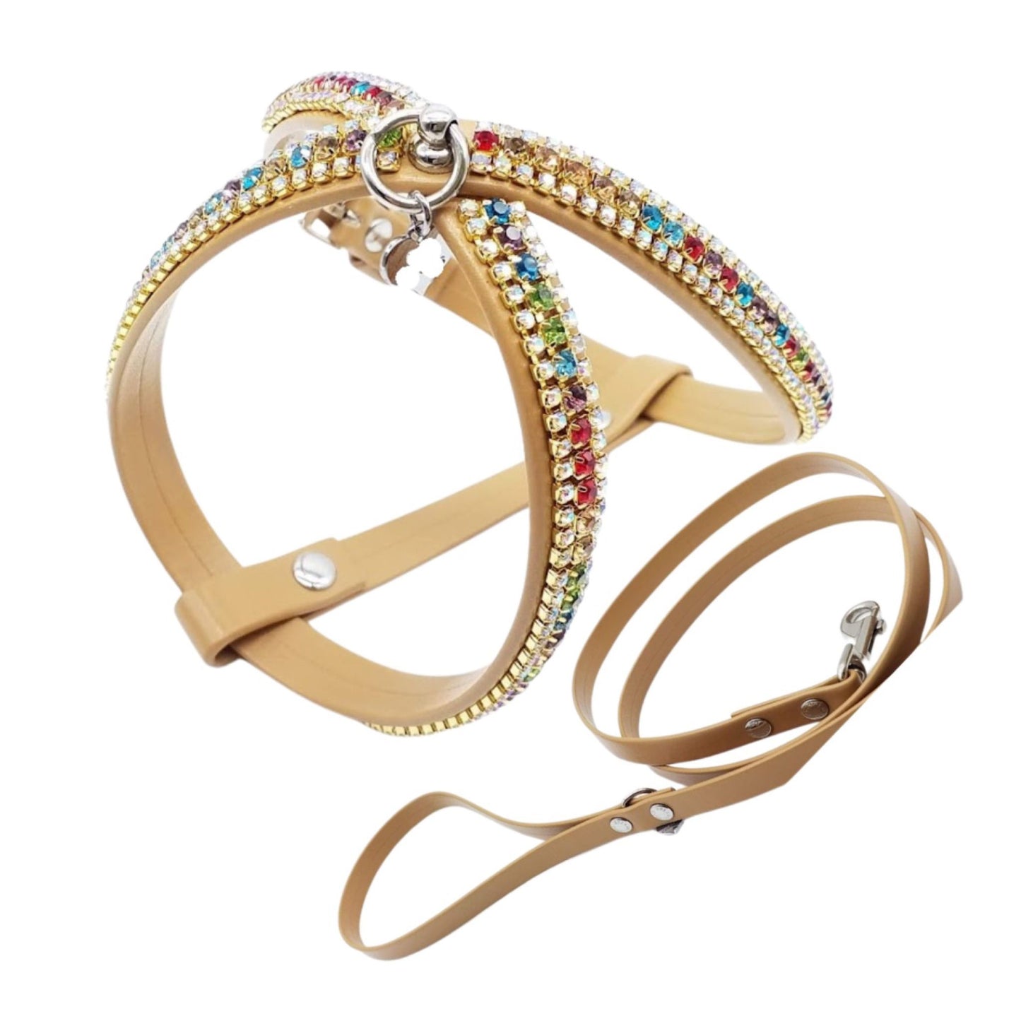 Set Pettorina e Guinzaglio in Ecopelle con Cristalli Rainbow